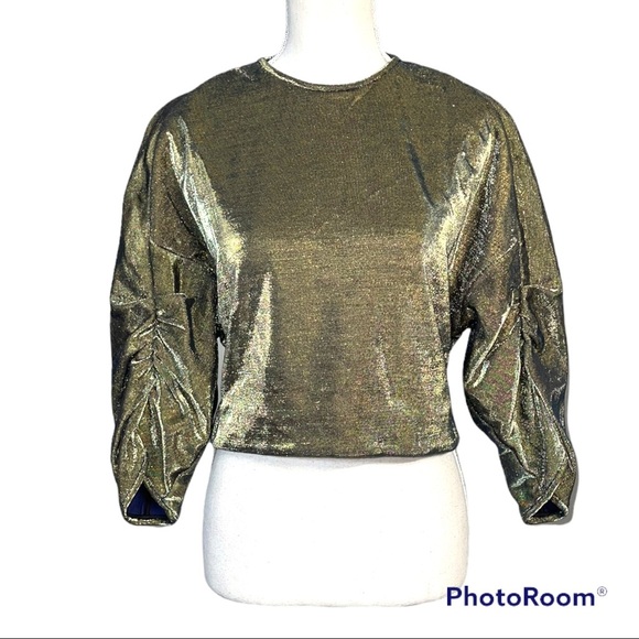 Tibi Ruched Sleeve Metallic Cropped Top - Picture 3 of 7